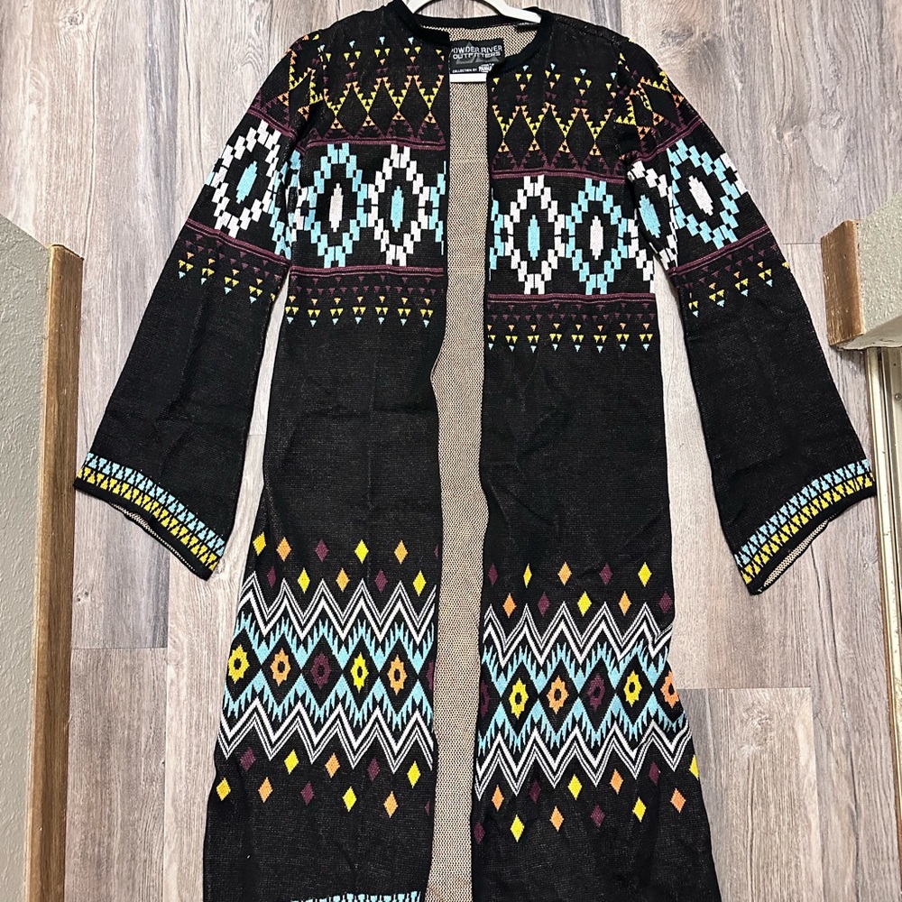 Bohemian Black and Multicolor Patterned Long Cardigan